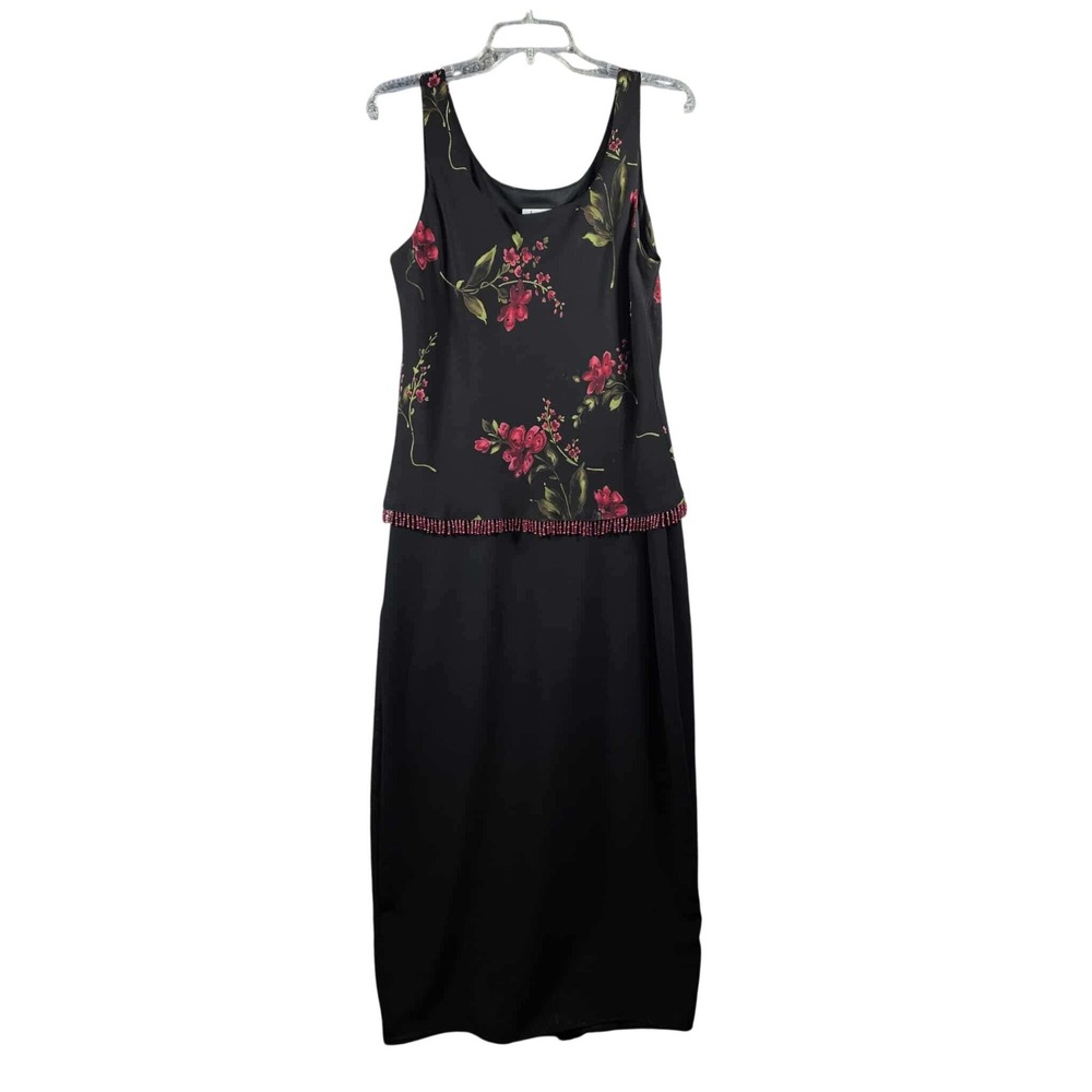 Jeffrey &‎ Dara Evenings Tom Barra Dress Black Floral Beaded Fringe Maxi
